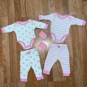 2 baby girls outfits with mittens 5 piece bundle